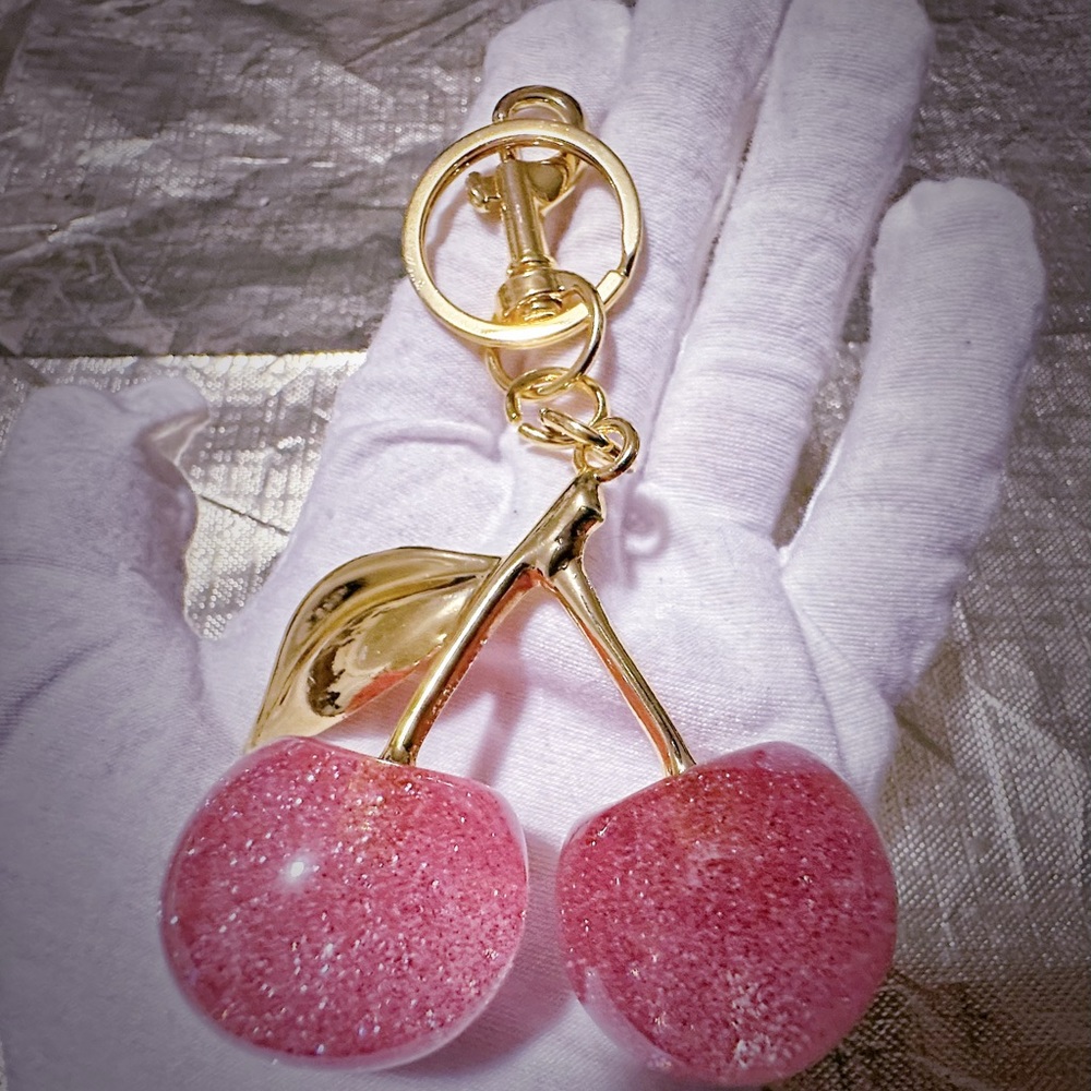Pink Cherry Keychain with Gold Accents